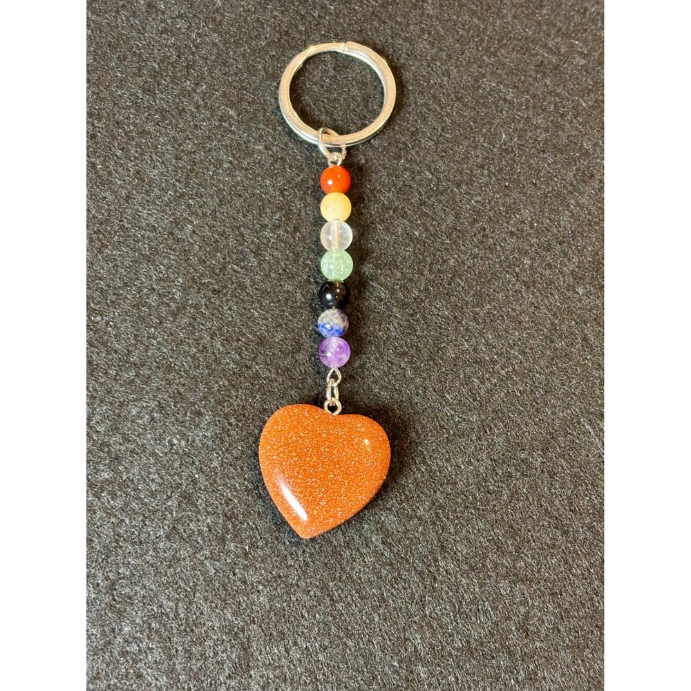 Chakra Gemstone Bead Keychain with Goldstone Heart Pendant Orange Sparkle Charm